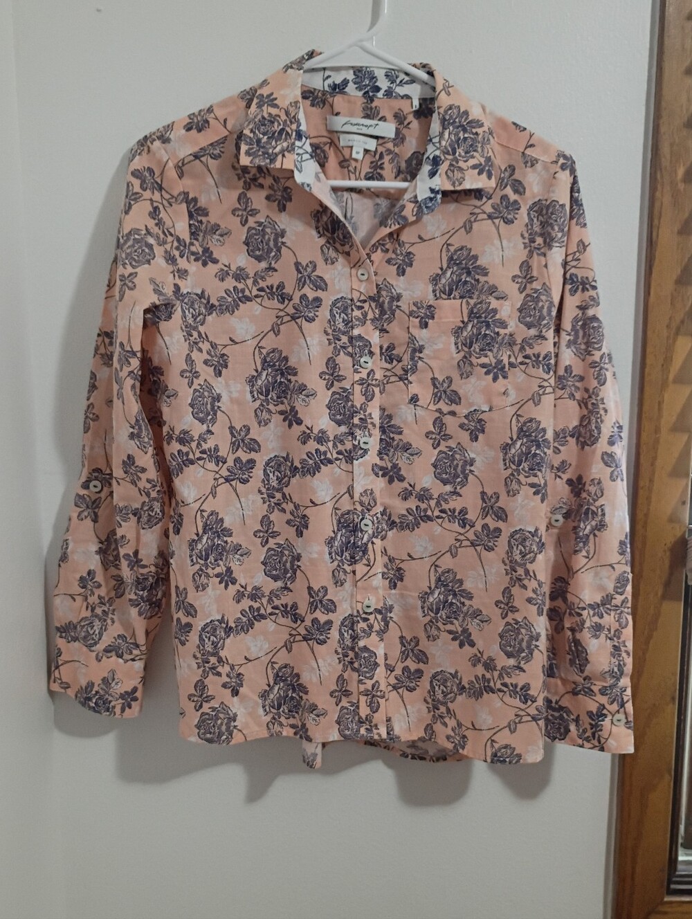 Foxcroft Collections Peach Button-Down with Gray Floral Print
